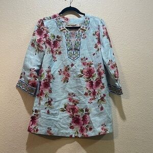 Soft Surroundings 100% Linen Floral Tunic Embroidered Beaded Size M